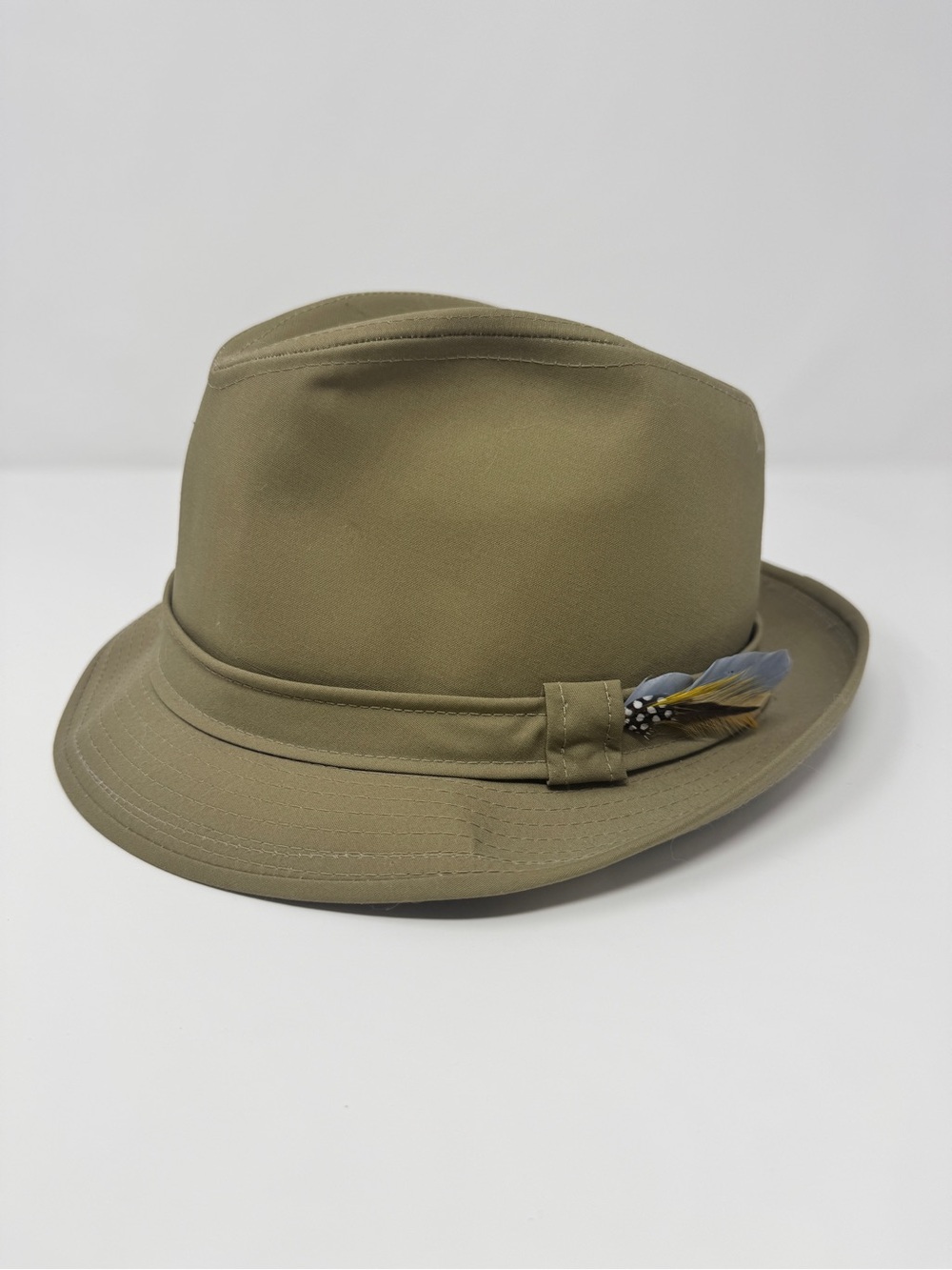 Stetson Olive Khaki Fedora Hat Feather Made USA 7 5/8